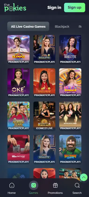 The Pokies Casino mobile live casino interface showing live dealer tables including blackjack and roulette - captured during platform testing The Pokies Casino mobile live casino interface showing live dealer tables including blackjack and roulette - captured during platform testing