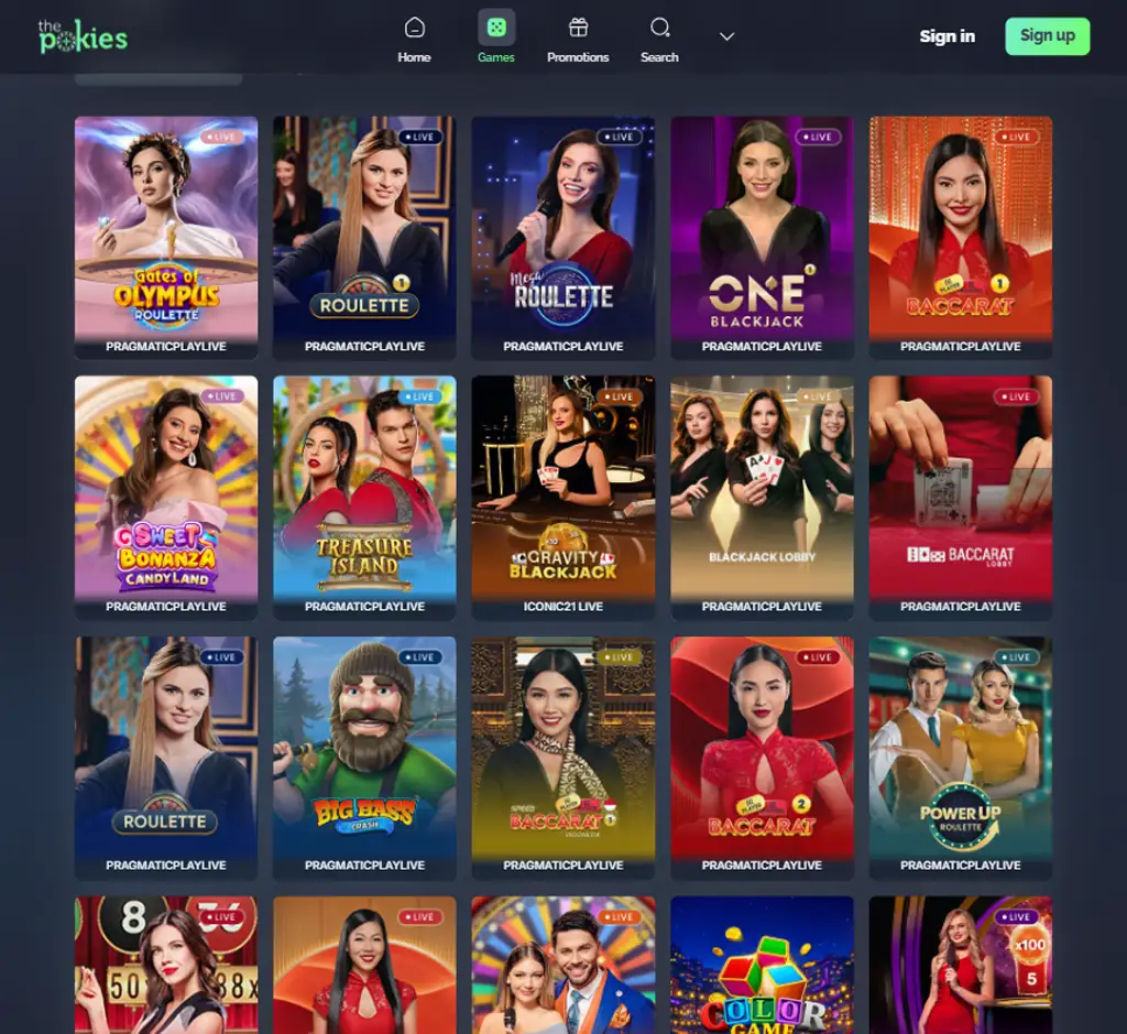 The Pokies Casino desktop live casino lobby featuring live dealer games and real-time streaming interface - tested