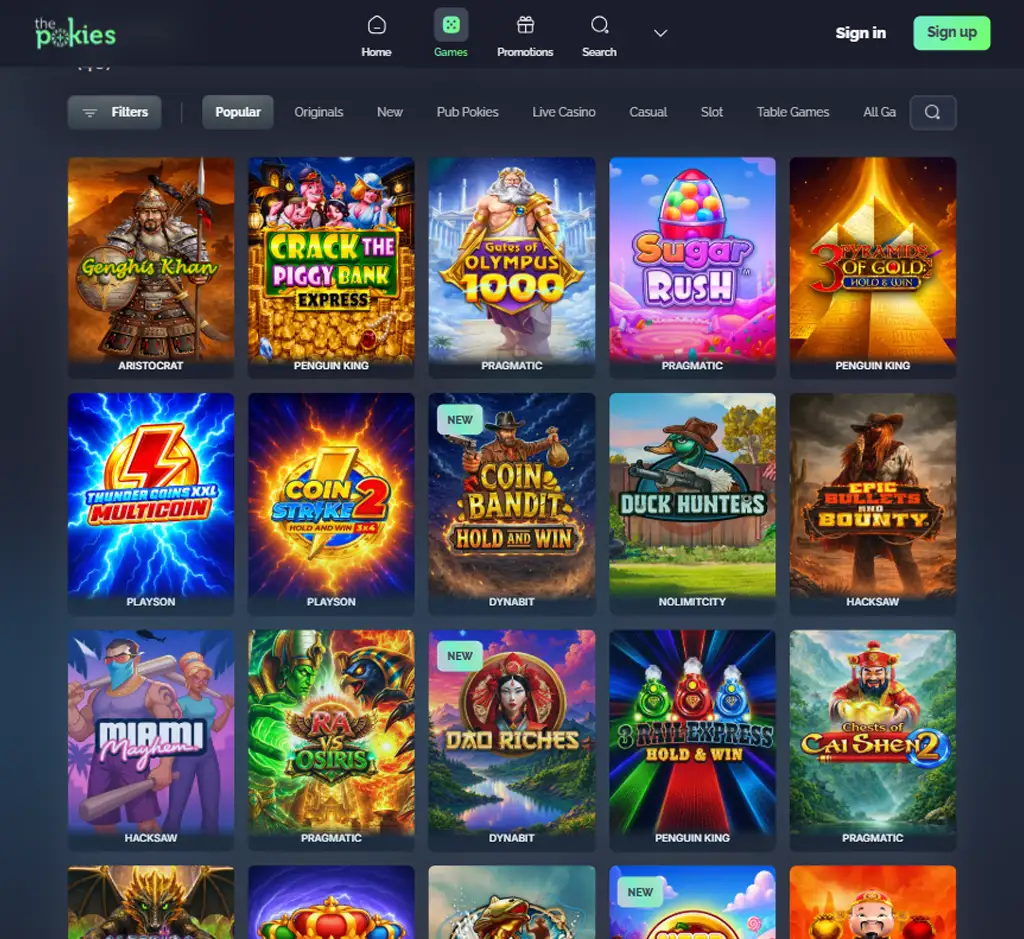 The Pokies Casino desktop slots lobby presenting a variety of slot games with categories and providers - tested