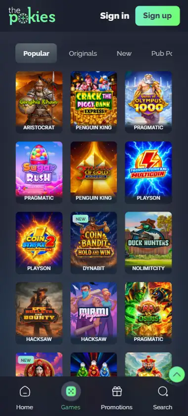 The Pokies Casino mobile slots interface showing slot game selection with popular titles and filtering options - captured during platform testing The Pokies Casino mobile slots interface showing slot game selection with popular titles and filtering options - captured during platform testing