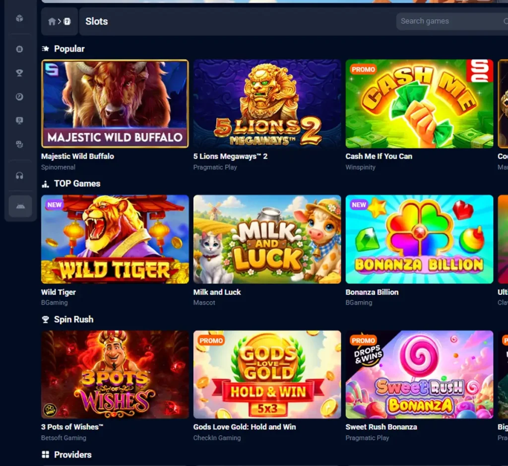 1xBit Casino desktop slots lobby presenting a variety of slot games with categories and providers - Tested