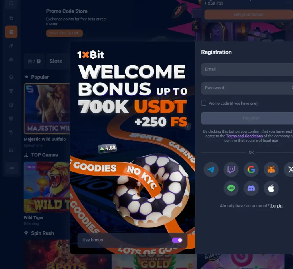 1xBit Casino signup bonus page displaying new player welcome bonus offer and promotional terms - Tested