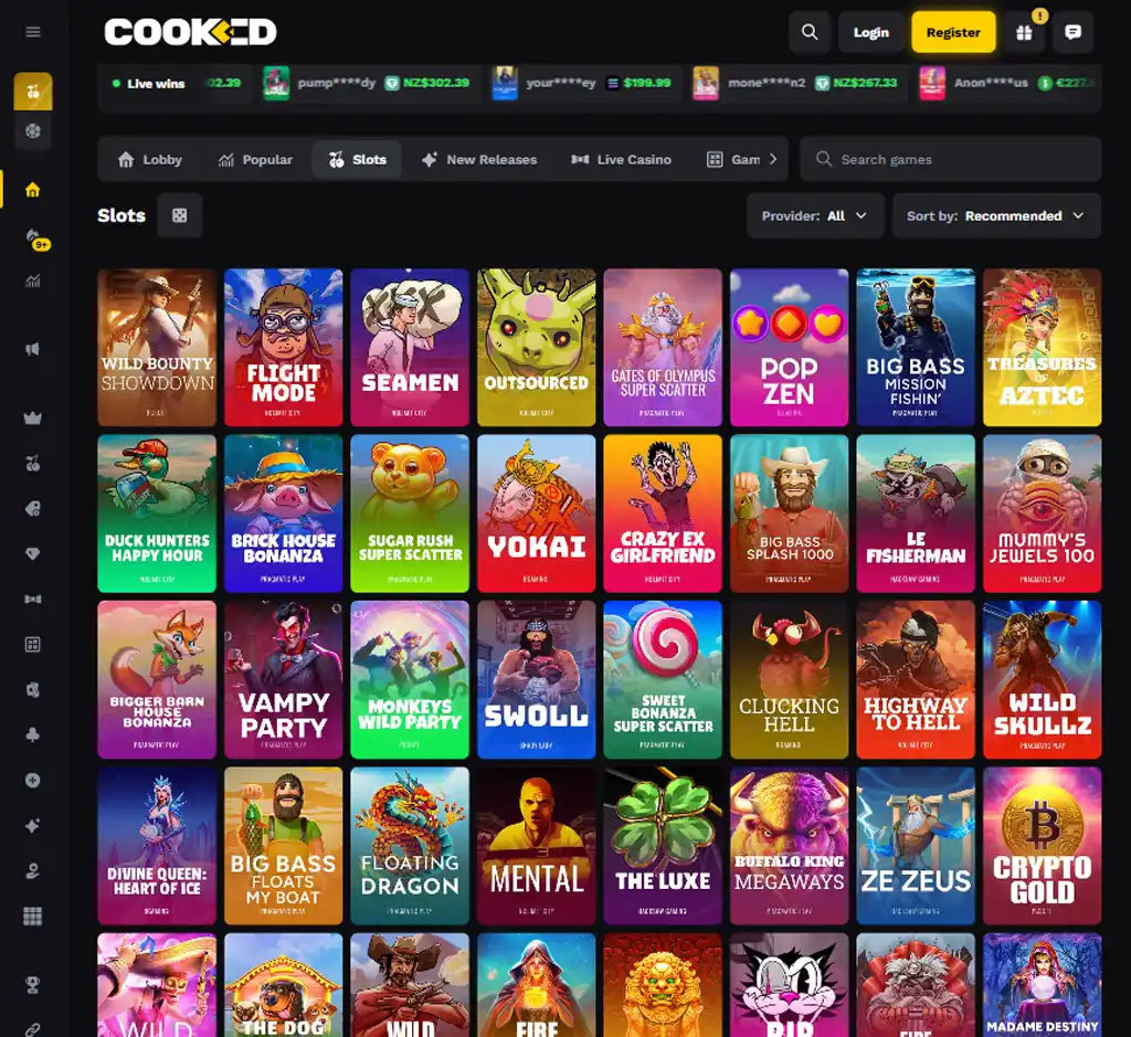 Cooked Casino desktop slots lobby presenting a variety of slot games with categories and providers - tested Cooked Casino desktop slots lobby presenting a variety of slot games with categories and providers - tested