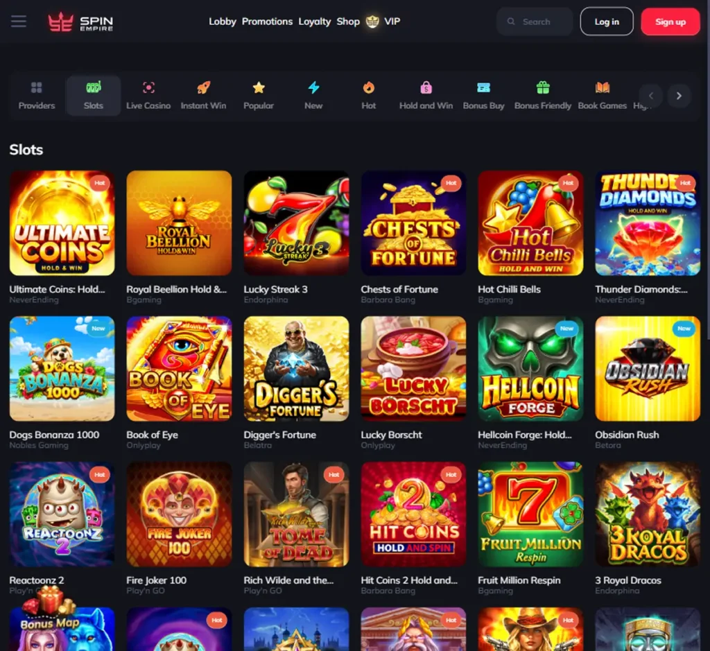 Spin Empire Casino desktop slots lobby presenting a variety of slot games with categories and providers - tested Spin Empire Casino desktop slots lobby presenting a variety of slot games with categories and providers - tested