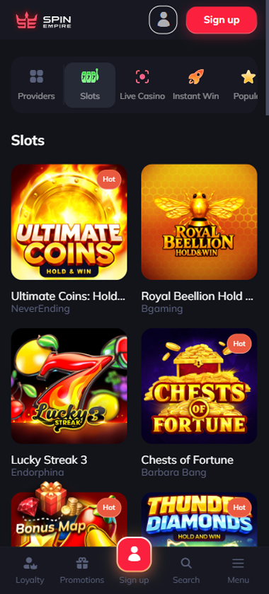 Spin Empire Casino mobile slots interface showing slot game selection with popular titles and filtering options - captured during platform testing Spin Empire Casino mobile slots interface showing slot game selection with popular titles and filtering options - captured during platform testing