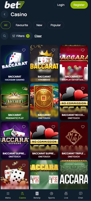 Captura de pantalla del juego de baccarat de Bet7 Casino en móvil que muestra mesas disponibles y la interfaz del casino en vivo – tested Captura de pantalla del juego de baccarat de Bet7 Casino en móvil que muestra mesas disponibles y la interfaz del casino en vivo – tested