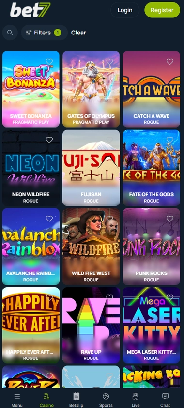 Captura de pantalla de las tragamonedas de Bet7 Casino en móvil que muestra la variedad de slots y filtros de juegos – tested Captura de pantalla de las tragamonedas de Bet7 Casino en móvil que muestra la variedad de slots y filtros de juegos – tested