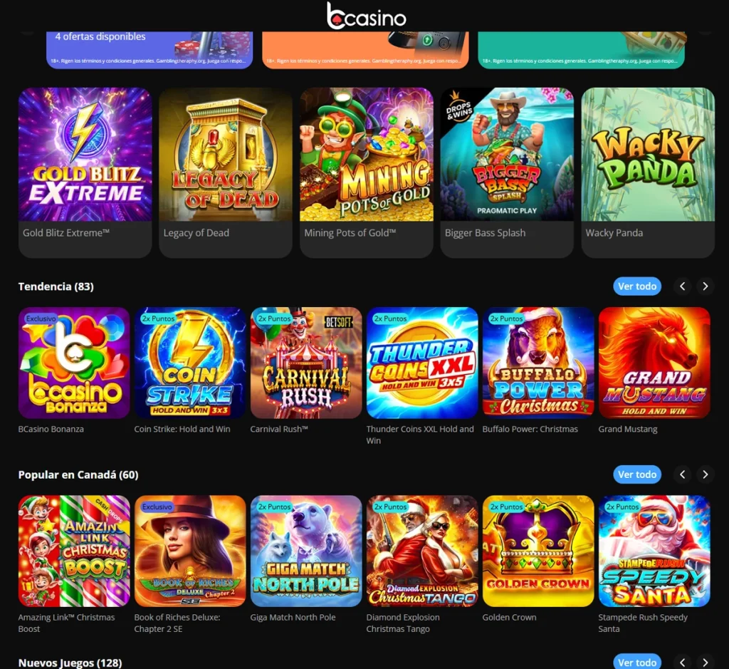 Captura de pantalla de la página de inicio de Bcasino en escritorio que muestra el lobby principal, promociones destacadas y navegación – tested