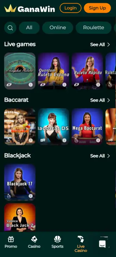 Captura de pantalla del casino en vivo de Ganawin Casino en móvil mostrando mesas con crupieres en directo como blackjack y ruleta - probado