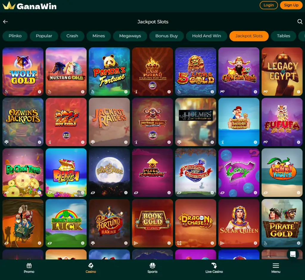 Captura de pantalla del lobby de tragamonedas de Ganawin Casino en escritorio con variedad de juegos organizados por categorías y proveedores - verificado