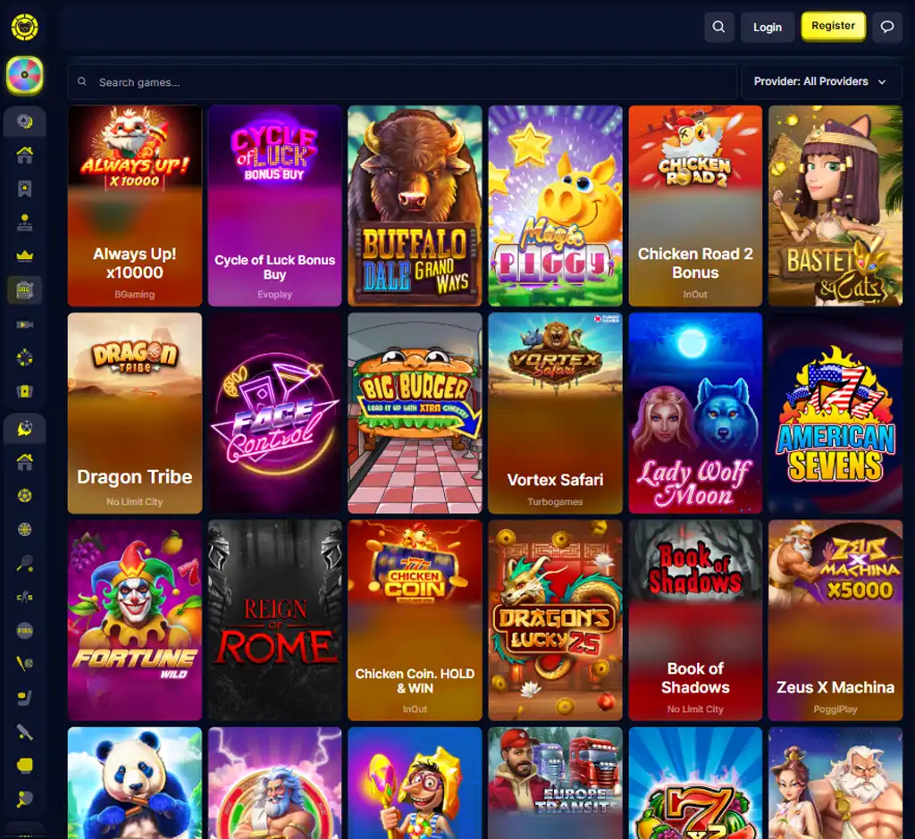 Captura de pantalla del lobby de tragamonedas de Koala Bet Casino en escritorio con variedad de juegos organizados por categorías y proveedores - verificado