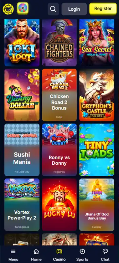 Captura de pantalla de la interfaz de tragamonedas de Koala Bet Casino en móvil mostrando la selección de juegos con títulos populares y filtros - capturado durante pruebas de la plataforma