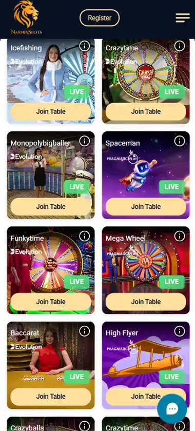 Captura de pantalla del lobby de casino en vivo de Narnia Slots Casino en escritorio con juegos con crupier en directo y transmisión en tiempo real - pruebas de revisión