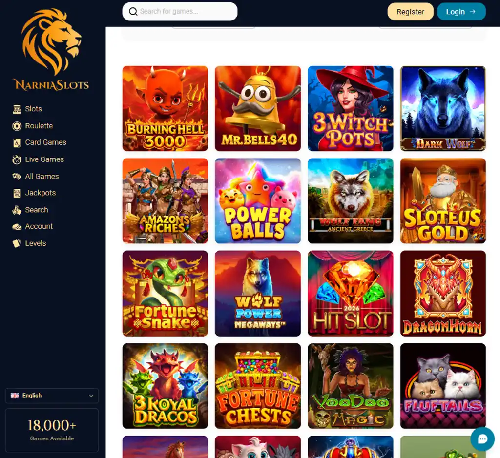 Captura de pantalla del lobby de tragamonedas de Narnia Slots Casino en escritorio con variedad de juegos organizados por categorías y proveedores - verificado