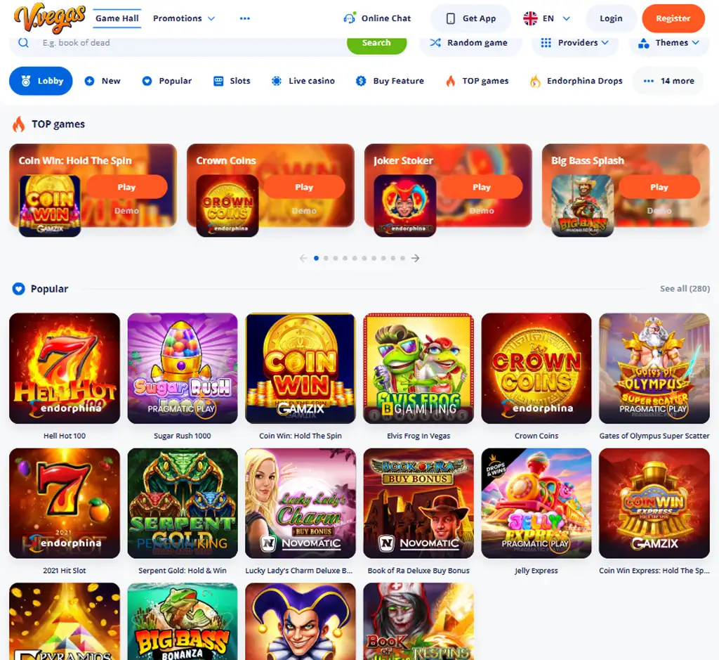Captura de pantalla de la página principal de V Vegas Casino en escritorio que muestra el lobby principal con juegos destacados, promociones y menú de navegación - probado