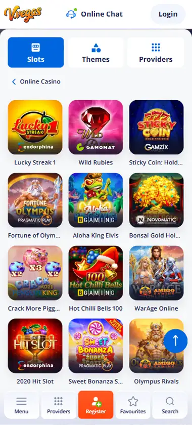Captura de pantalla de la interfaz de tragamonedas de V Vegas Casino en móvil mostrando la selección de juegos con títulos populares y filtros - capturado durante pruebas de la plataforma