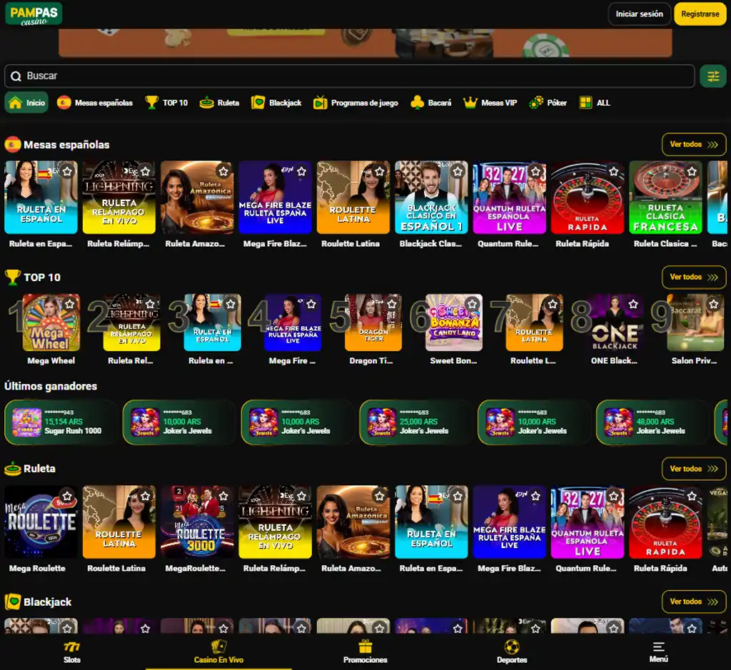 Captura de pantalla del casino en vivo de Pampas Casino en escritorio con mesas de crupieres en directo e interfaz de transmisión en tiempo real - probado