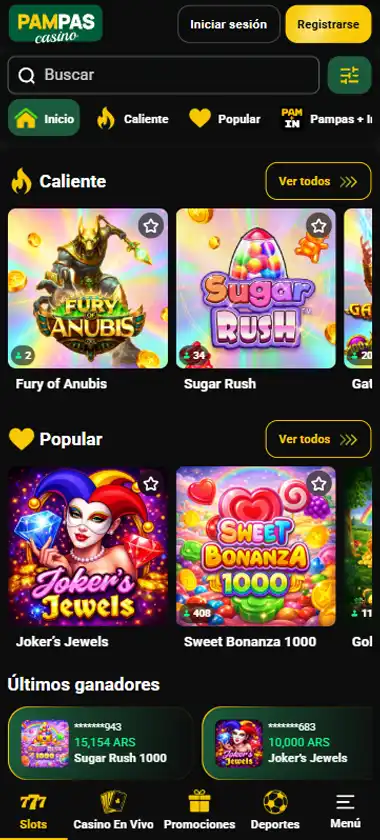 Captura de pantalla de la sección de tragamonedas de Pampas Casino en móvil con selección de juegos y opciones de filtrado - tomada durante las pruebas de la plataforma