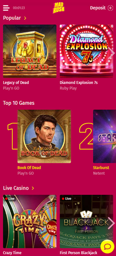 Madrush mobile homepage screenshot showing Popular section with Legacy of Dead and Diamond Explosion 7s, Top 10 Games featuring Book of Dead and Starburst, and Live Casino section with Crazy Time and First Person Blackjack - tested