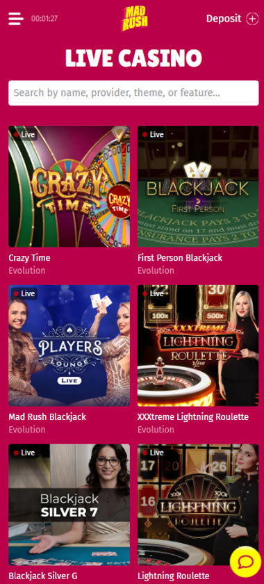 Madrush mobile live casino screenshot showing Evolution Gaming titles including Crazy Time, First Person Blackjack, Mad Rush Blackjack, XXXtreme Lightning Roulette, Blackjack Silver 7, and Lightning Roulette with live dealer indicators - tested