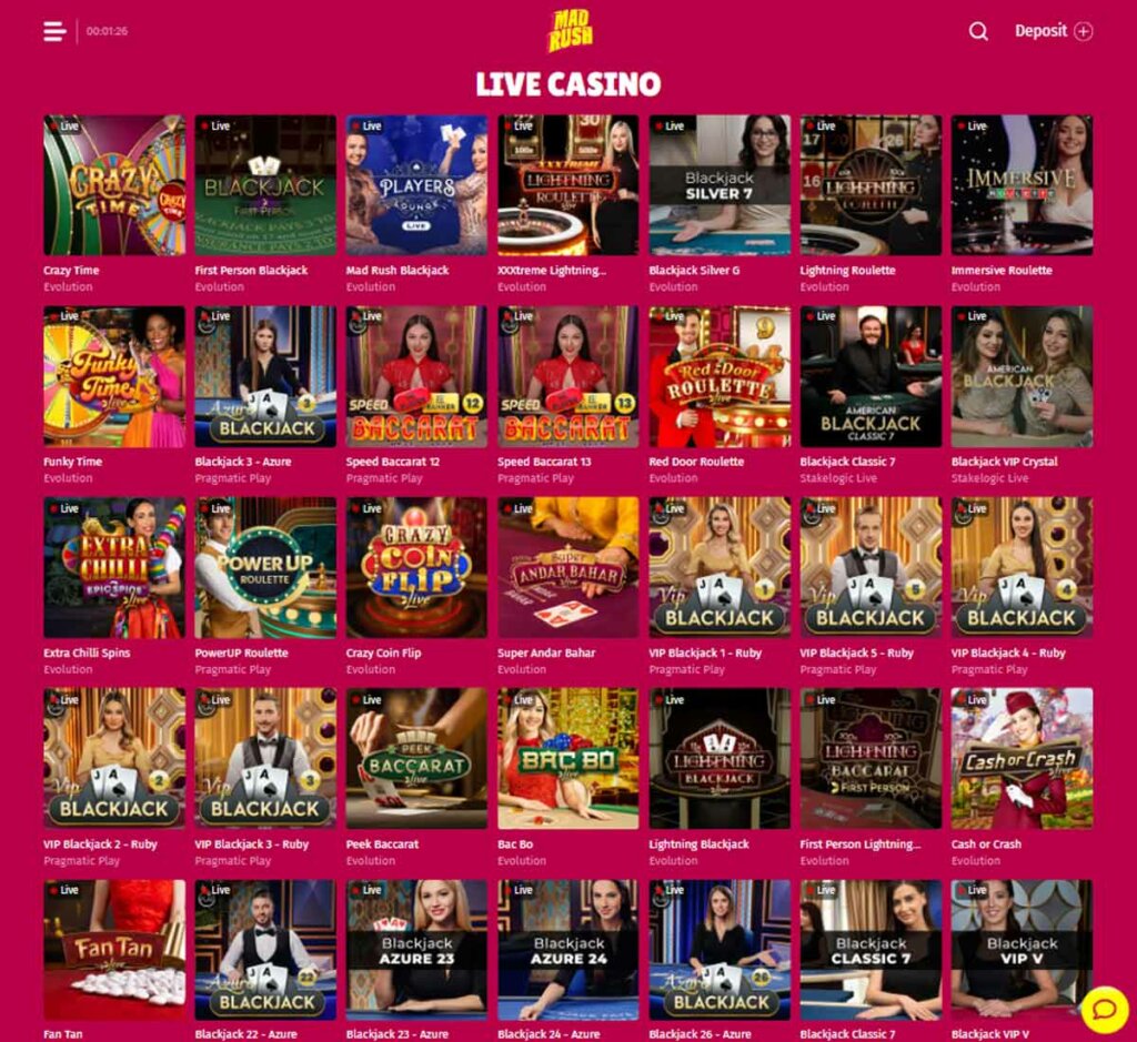Madrush desktop live casino screenshot showing extensive game grid with Evolution Gaming and Pragmatic Play titles including Crazy Time, blackjack variants, roulette games, baccarat tables, and game show options with live indicators - tested