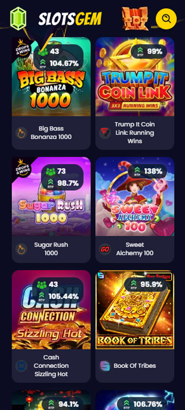 Slotsgem Casino mobile slots section screenshot showing Big Bass Bonanza 1000, Trump It Coin Link, Sugar Rush 1000, Sweet Alchemy 100, Cash Connection and Book of Tribes with RTP percentages - tested