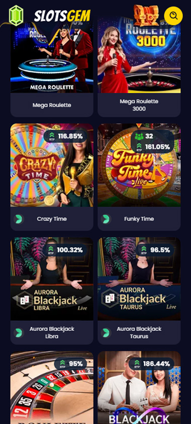 Slotsgem Casino mobile live casino screenshot showing Mega Roulette, Crazy Time, Funky Time, Aurora Blackjack variants and roulette games with RTP percentages - tested
