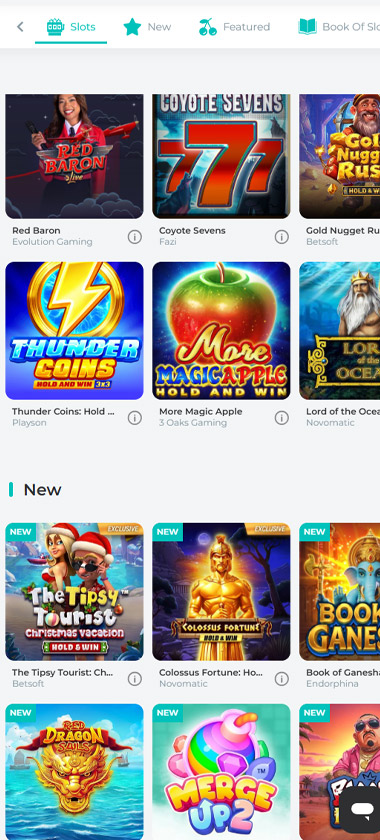 Spinoli Casino mobile interface screenshot showing slots lobby with featured games, categories and quick navigation visible on smartphone screen - tested