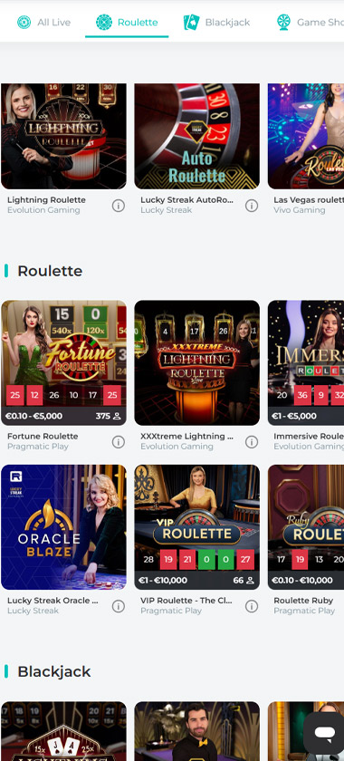 Spinoli Casino mobile live casino screenshot displaying real dealer tables including roulette, blackjack and game shows with compact lobby layout - tested