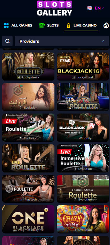 Slots Gallery Casino mobile live casino games screenshot displaying blackjack, roulette, and baccarat tables - tested