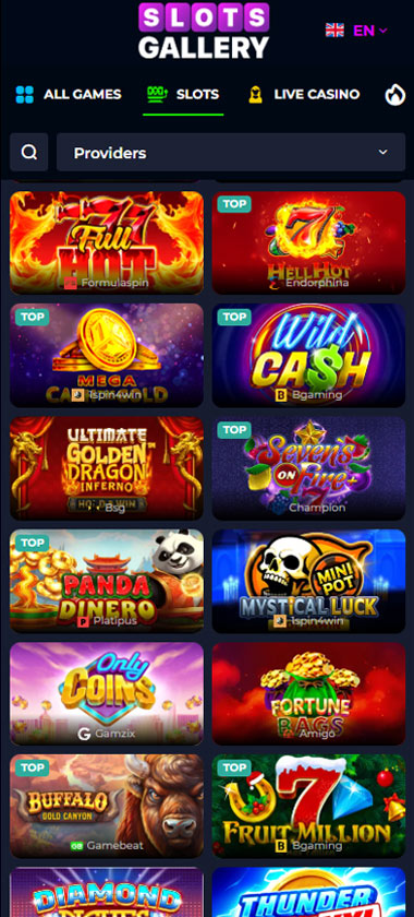 Slots Gallery Casino mobile slots screenshot showing variety of top slot games and jackpots - tested