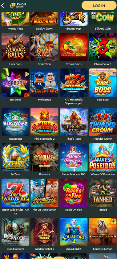Lemon Casino mobile slots screenshot showing mobile-optimized selection of slot games with smooth navigation – tested