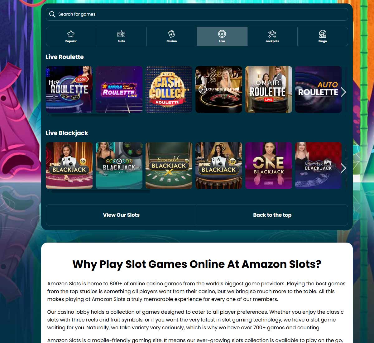 Amazon Slots Casino desktop live casino screenshot showing real-dealer tables including roulette, blackjack and baccarat with lobby navigation - tested Amazon Slots Casino desktop live casino screenshot showing real-dealer tables including roulette, blackjack and baccarat with lobby navigation - tested