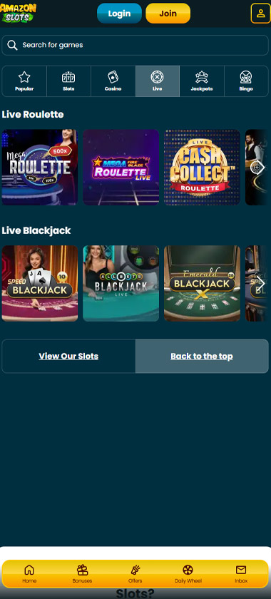 Amazon Slots Casino mobile live casino screenshot showing real-dealer tables including roulette, blackjack and baccarat on smartphone interface - tested