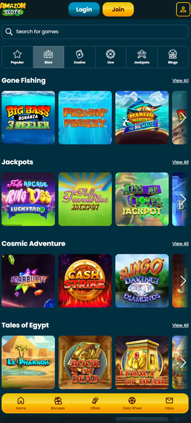 Amazon Slots Casino mobile slots screenshot showing slot game categories, featured titles and navigation on smartphone interface - tested