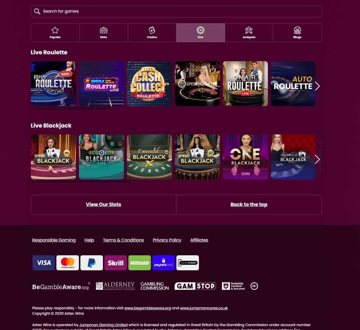 Aztec Wins desktop live casino screenshot showing real-dealer tables including roulette, blackjack and baccarat with lobby navigation - tested Aztec Wins desktop live casino screenshot showing real-dealer tables including roulette, blackjack and baccarat with lobby navigation - tested