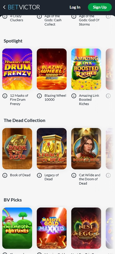 BetVictor Casino mobile game selection screenshot showing casino game categories, featured titles and navigation on smartphone interface - tested BetVictor Casino mobile game selection screenshot showing casino game categories, featured titles and navigation on smartphone interface - tested