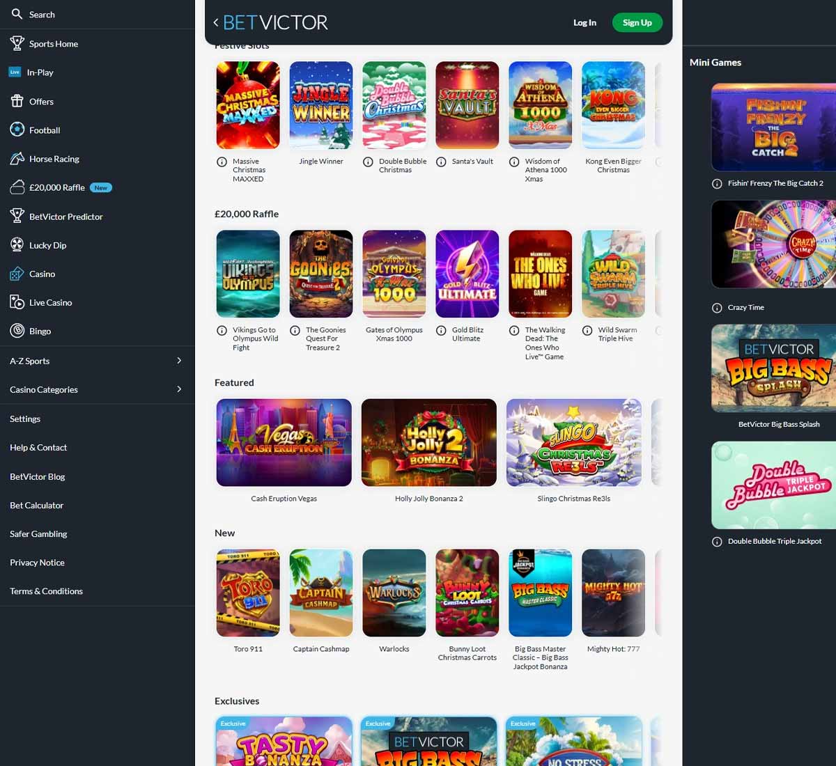 BetVictor Casino desktop homepage screenshot showing main navigation menu, featured promotions and highlighted casino games - tested