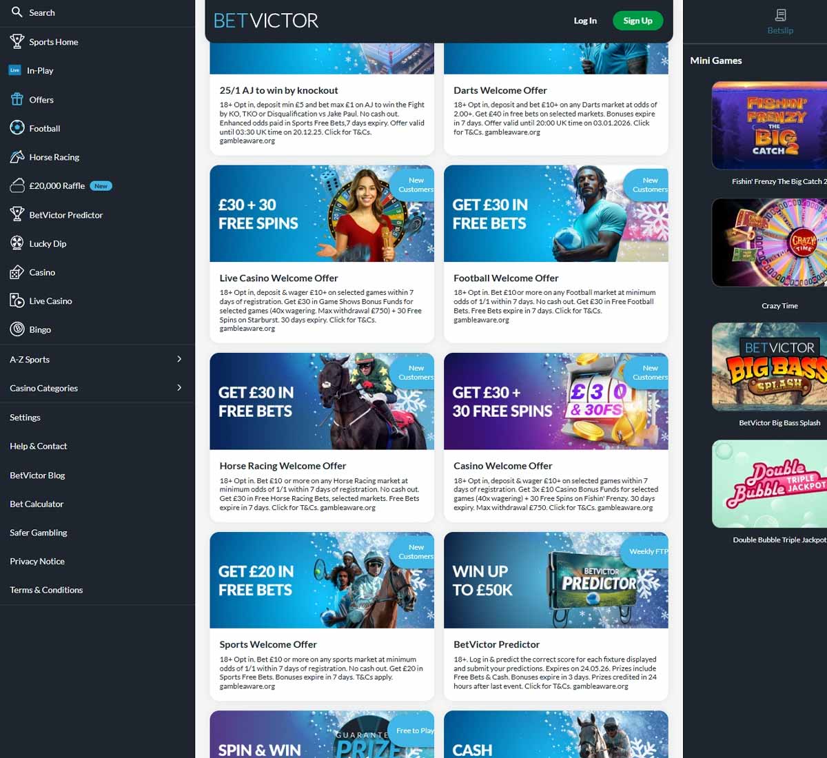 BetVictor Casino desktop offers screenshot showing active promotions, bonus deals and special campaign banners - tested