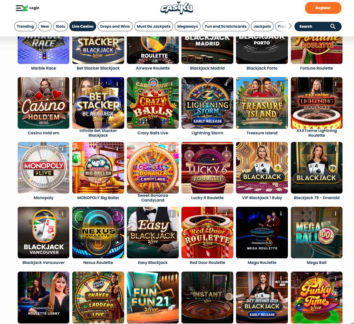Casiku Casino desktop live casino screenshot showing real-dealer tables including roulette, blackjack and baccarat with lobby navigation - tested