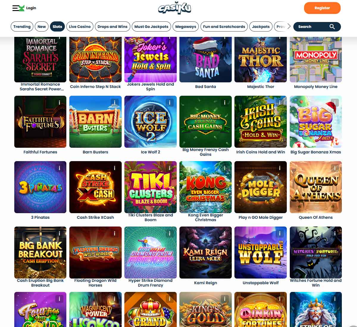 Casiku Casino desktop slots screenshot showing slot game categories, featured titles and filtering options - tested