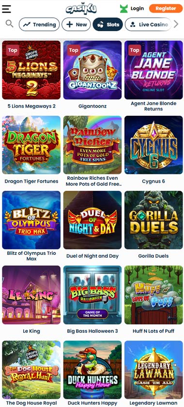 Casiku Casino mobile slots screenshot showing slot game categories, featured titles and navigation on smartphone interface - tested