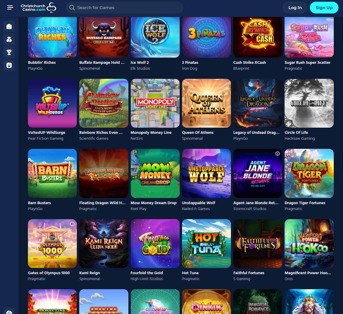 ChristChurch Casino desktop slots screenshot showing slot game categories, featured titles and filtering options - tested