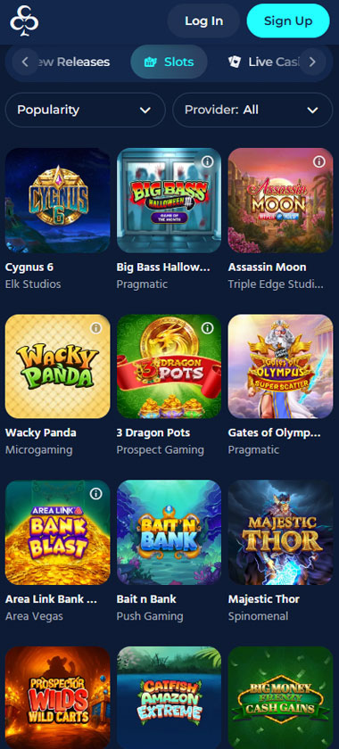 ChristChurch Casino mobile slots screenshot showing slot game categories, featured titles and navigation on smartphone interface - tested