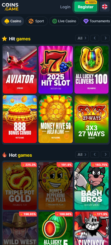 Coins.Game Casino homepage screenshot showing navigation menu, featured bingo rooms and promotions on smartphone interface - tested Coins.Game Casino homepage screenshot showing navigation menu, featured bingo rooms and promotions on smartphone interface - tested