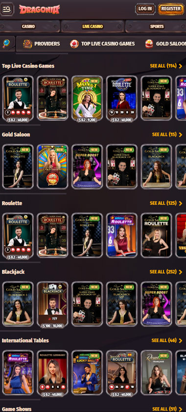 Dragonia Casino mobile live casino screenshot showing real-dealer tables including roulette, blackjack and baccarat on smartphone interface - tested