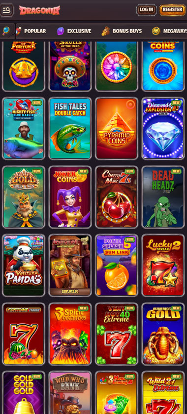 Dragonia Casino mobile slots screenshot showing slot game categories, featured titles and navigation on smartphone interface - tested