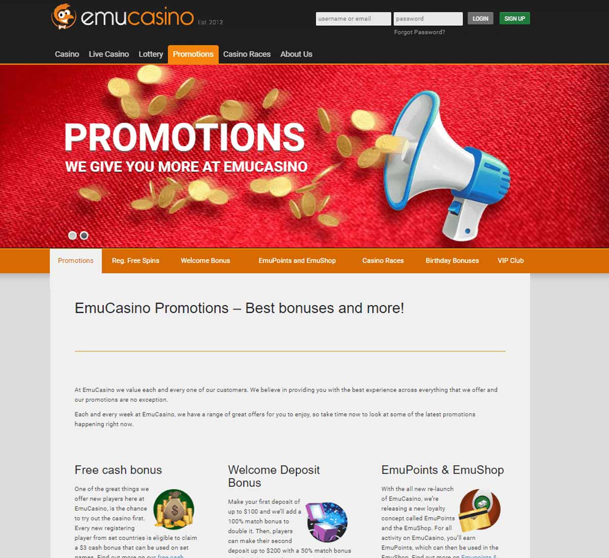 Emu Casino desktop promotions screenshot showing active bonus offers, promotional banners and campaign details - tested Emu Casino desktop promotions screenshot showing active bonus offers, promotional banners and campaign details - tested