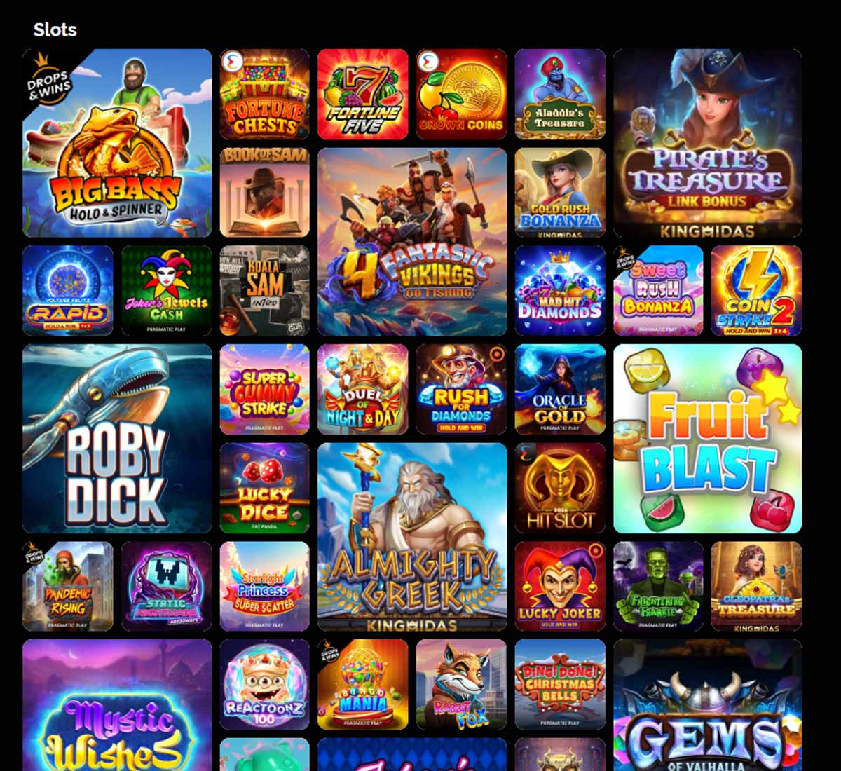 GratoWin Casino desktop slots screenshot showing slot game categories, featured titles and filtering options - tested