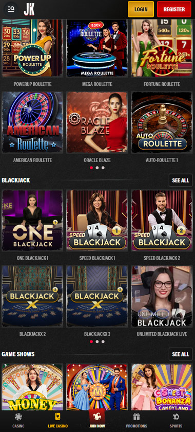 Jokery Casino mobile live casino screenshot showing real-dealer tables including roulette, blackjack and baccarat on smartphone interface - tested